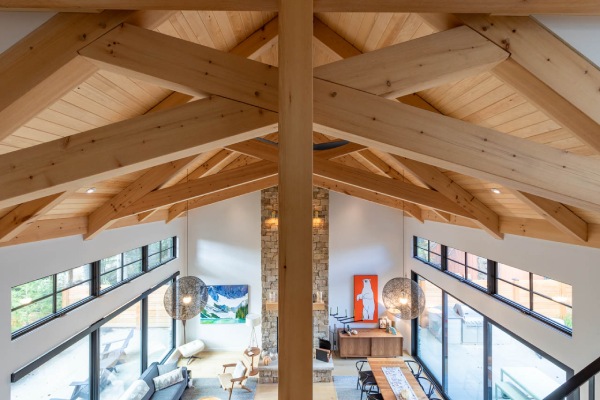 white pine timberframe trusses in a custom ab home